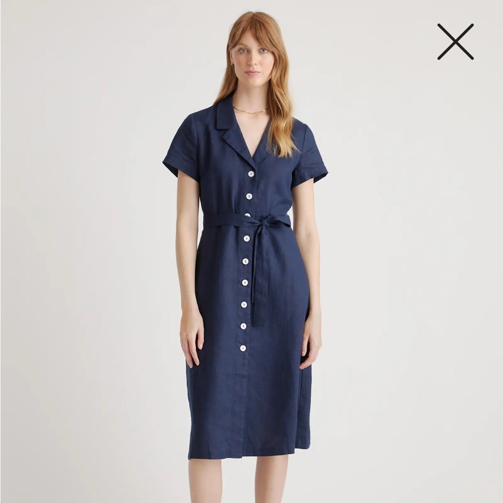 Quince 100% European Linen Button Front Dress Navy Blue White Buttons Small S